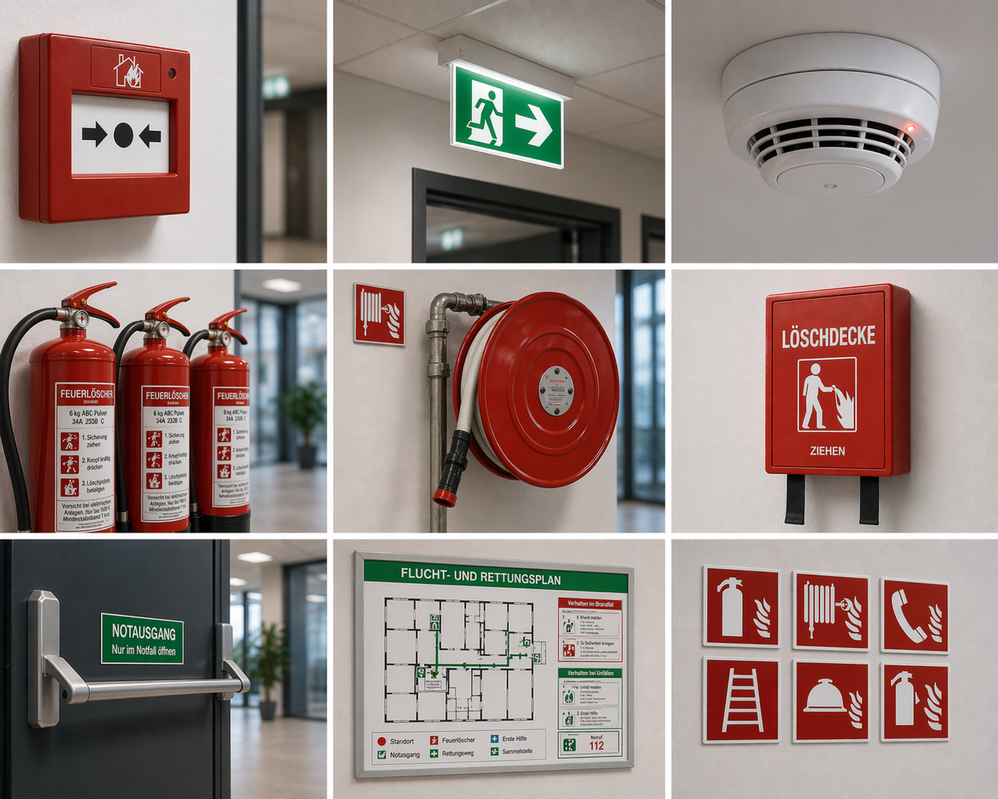 Brandschutz-Elemente im Überblick: Handfeuermelder, Notausgang-Beleuchtung, Rauchmelder, Feuerlöscher, Wandhydrant, Löschdecke, Notausgangstür, Flucht- und Rettungsplan, Sicherheitskennzeichnung